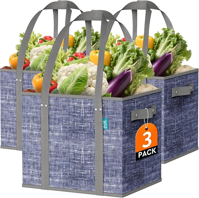 Fab totes Reusable Grocery Bags, Large Foldable Shopping Tote Bags with Reinforced Handles & Hard Bottom,3 Pack,Blue