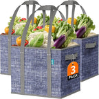 Fab totes Reusable Grocery Bags, Large Foldable Shopping Tote Bags with Reinforced Handles & Hard Bottom,3 Pack,Blue