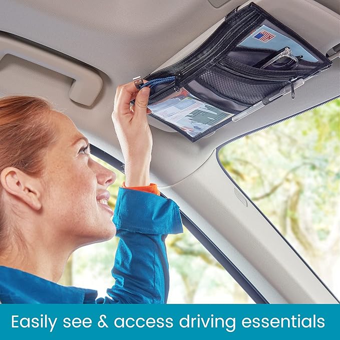 High Road Car Visor Organizer with Zippered Pockets, Sunglasses Sleeve and Clear Photo or Registration and Insurance Pocket - Heavy Duty Straps Fit Most Car, SUV and Truck Visors - Gray