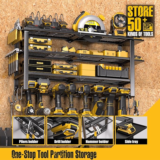 Spampur 420LB Capacity Power Tool Organizer with Charging Station & 6 Outlets | Quick Assembly 4-Layer Heavy Duty Rack for Dr