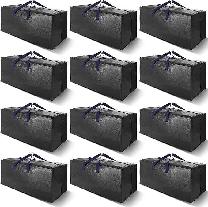VELVETSURE 12 Pack Heavy Duty Extra Large Moving Bags W/Backpack Straps - Strong Handles & Zippers, Storage Totes For Space S