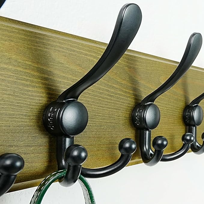 Dseap Wall Mount Coat Hanger - Heavy-Duty Robust Barnwood-Style Wooden Hook Rail with 5 Triple Hooks for Winter Coats, Hats, 