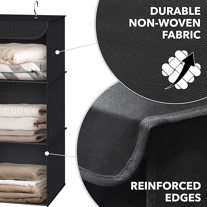 Simple Houseware 3-Shelf Hanging Closet Organizer, Fabric Storage Shelves with 57L Capacity, Black