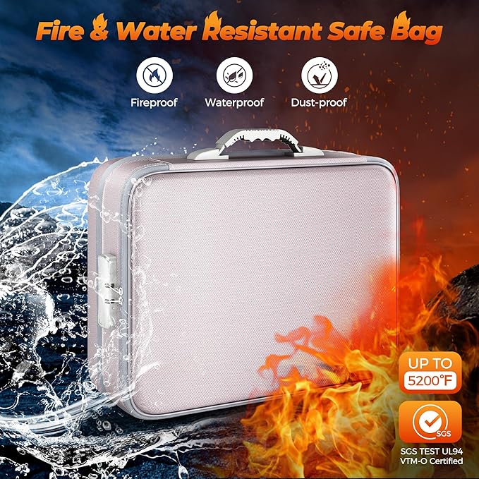 Nacial 5200℉ Fireproof Document Box with Lock, Expandable Document Organizer, Heat Insulated Fireproof Waterproof Box for Fil