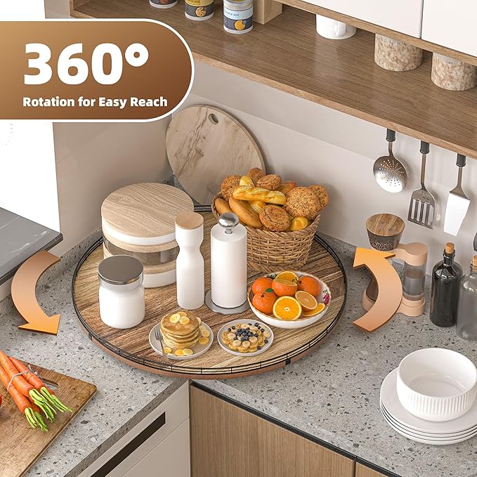 Acacia Wood 24" Lazy Susan Turntable Organizer for Table Top, Farmhouse Extra Large Round Lazy Susan for Serving Kitchen Coun