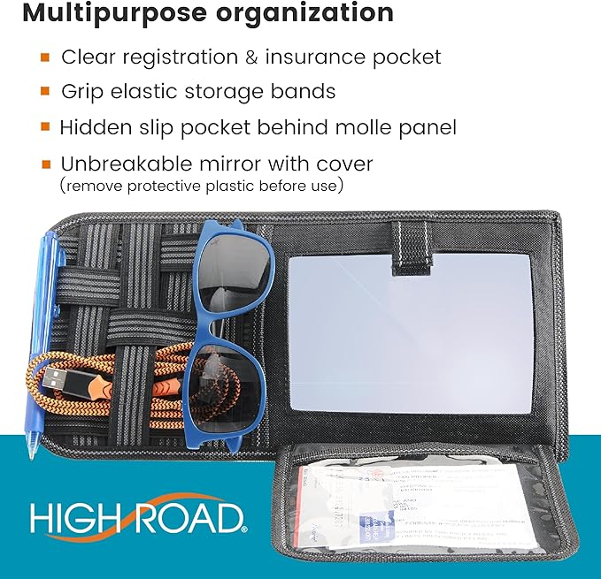 High Road Car Sun Visor Organizer with Hidden Auto Registration and Insurance Holder, Car Visor Mirror and Grip Band Storage Panel for Sunglasses and Driving Essentials