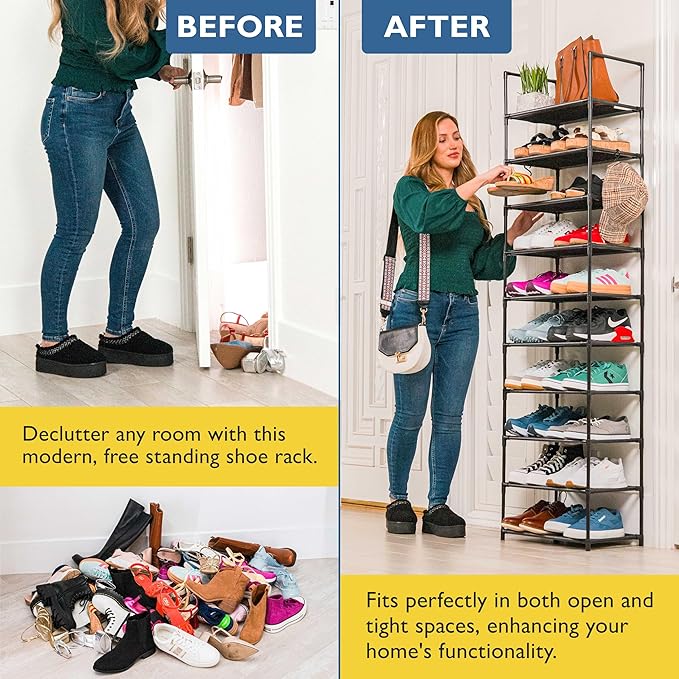 Sundaze Shoe Rack - 10 Tier Tall Shoe Rack for Closet, Sturdy Stackable Shoe Organizer for Closet, Bedroom, Entryway, Garage,