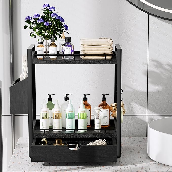 2-Tier Wood Bathroom Counter Organizer, Countertop Organizer with Drawer and Storage Basket, Bathroom Sink Organizer for Vani