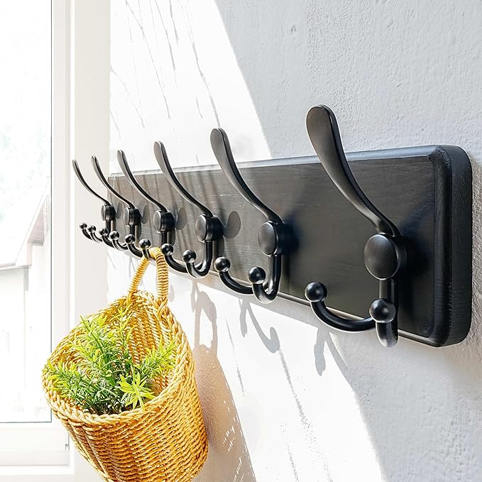 Dseap Coat Rack Wall Mounted - 24" Long 6 Tri Hooks, Heavy Duty Wooden Wall Coat Hanger Coat Hook for Clothes Hat Jacket Clot