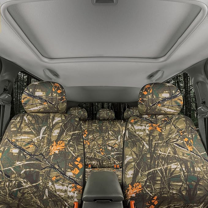 BDK Hunter Camo Car Seat Covers Full Set with Camo Steering Wheel Cover and Seat Belt Cover Pad – Forest Camouflage Pattern, 