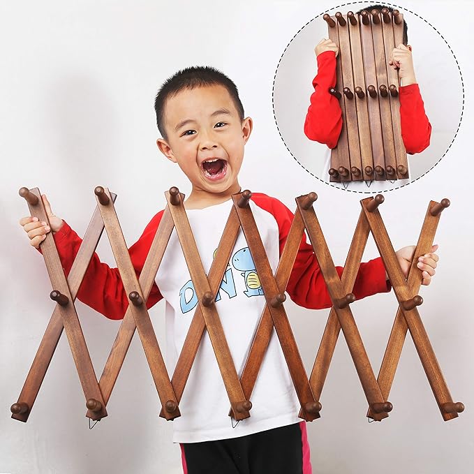 WEBI Accordion Wall Hanger,Wooden Expandable Coat Rack,Accordion Hat Rack for Wall for Hats,Caps,20 Peg Hooks,Natural,2 Packs