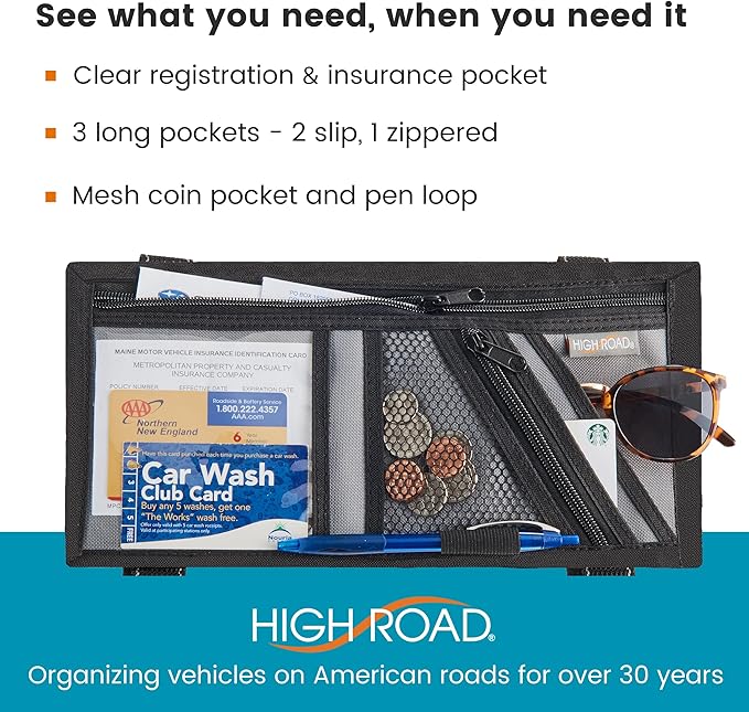 High Road Car Visor Organizer with Zippered Pockets, Sunglasses Sleeve and Clear Photo or Registration and Insurance Pocket - Heavy Duty Straps Fit Most Car, SUV and Truck Visors - Gray