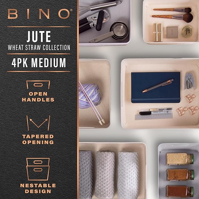 BINO | Woven Plastic Basket | Small (Natural Grey), 4-Pack | THE JUTE COLLECTION | Home Organization, Space - Saving Storage,