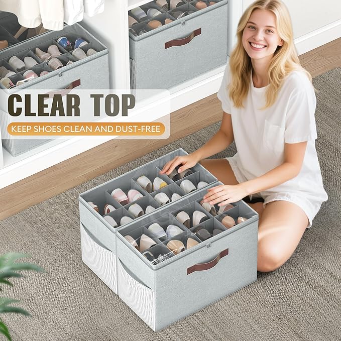 Budding Joy 2 Pack Shoe Organizer for Closet, Clear Foldable Shoe Storage Containers Adjustable Dividers Fits 16 Pairs,Shoe S