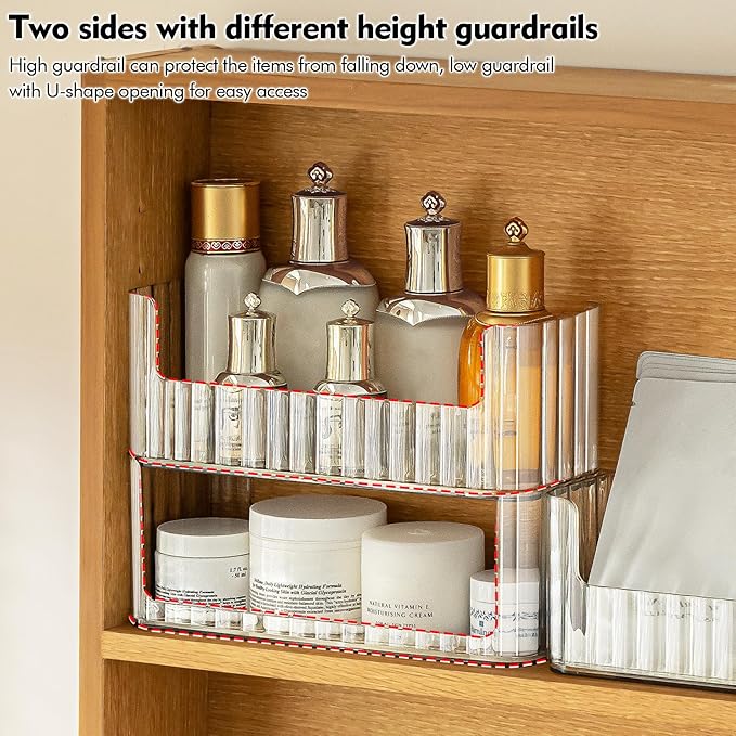 Poeland 2 Pack Stackable Makeup Organizer Tray, Transparent Cosmetic Display Case with 2 Lipstick Cases and 2 Cotton Swab Pad