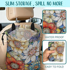 Car Garbage Bag Bright Yellow White and Blue Floral Hanging Canvas Car Trash Bag Drawstring Car Back Seat Organizer for Car Back Front Seat Console with Adjustable Buckle