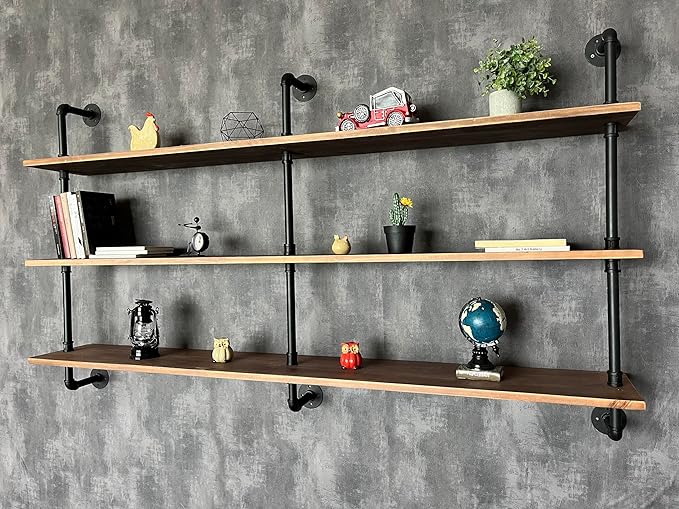 Floating Shelves 70 inch Wall Bookshelf Industrial Pipe Shelving Shelves Real Wood Planks Rustic Wall Shelves Hanging Bookshe