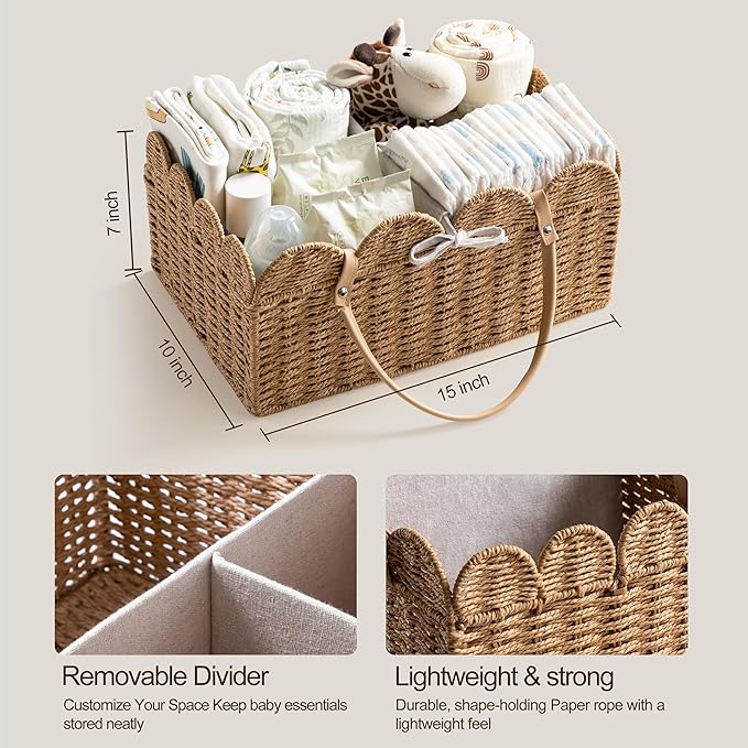 HBlife Large Baby Diaper Caddy, Paper Rope Scalloped Storage Baskets Nursery Bin with Removable Divider, Portable Car Organiz