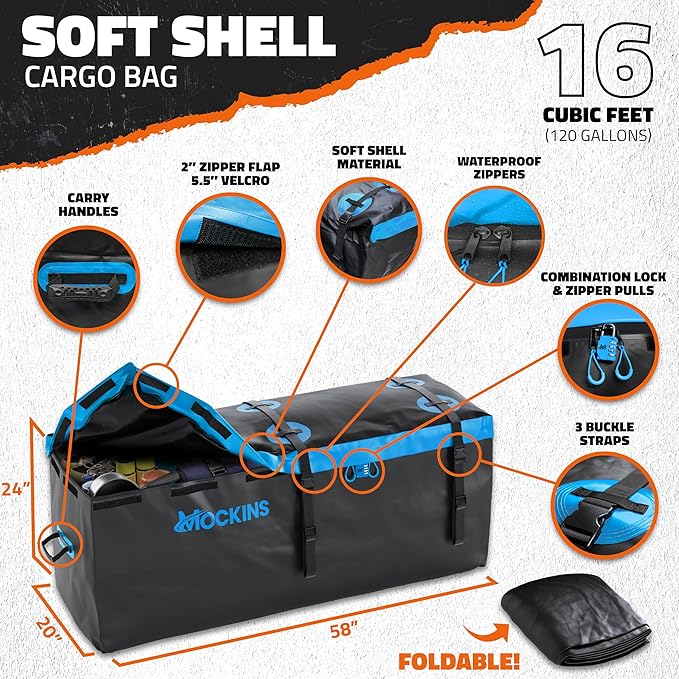 Mockins 60"x20"x6" Heavy Duty Trailer Hitch Cargo Carrier & 16 CuFt Waterproof Cargo Bag | Rust-Resistant Steel 500 Lb Capacity Folding Luggage Rack for SUV, Car, Truck & RV w/Hitch Rack Accessories