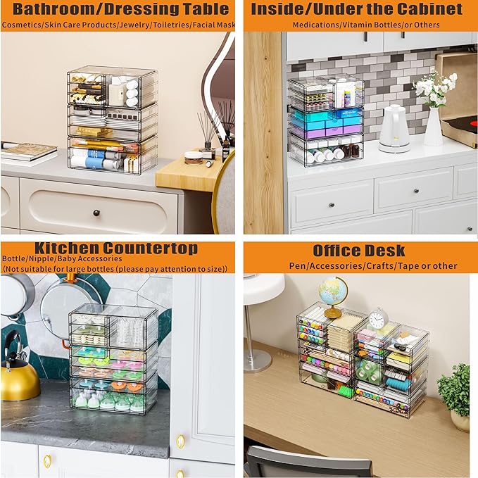 Yieach 3Pack Clear Drawer Organizers Stackable,Acrylic Storage Drawers With 10 Drawers,Multipurpose Office Supply Organizer a