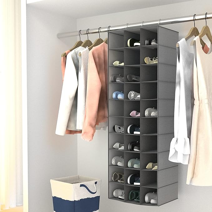 Libeder Hanging Closet Organizers - 30 Section Shoe Shelves, Space Saving Shoe Holder Grey