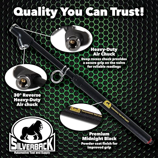 Silverback Automotive Professional Dual Foot Truck Tire Pressure Gauge, Midnight Black Powder Coat Textured Finish. Black Metal Bar Stick Gauge Range 10-150 PSI in 2 PSI Increments