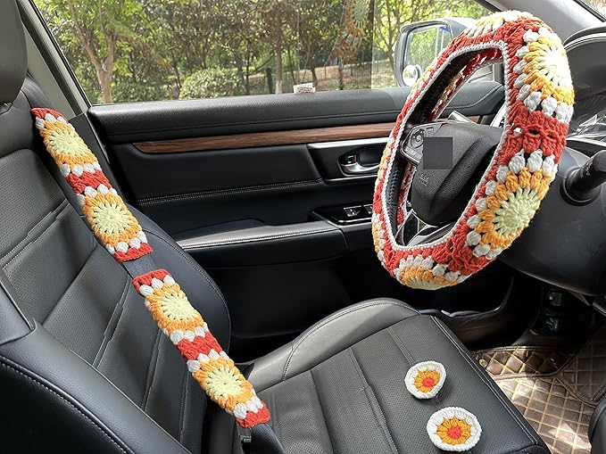 Crochet Sunflower Car Steering Wheel Covers Orange Universal 14-15 inch for Women/Men (Wheel Covers+2belt Covers+2Car Coasters+Strawberry)
