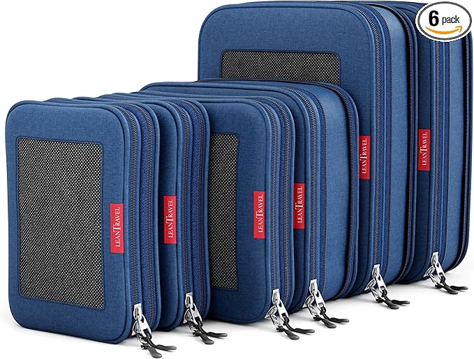 LeanTravel Premium Compression Packing Cubes for Travel - Suitcase Organizer Bags with Double Zipper & Breathable Mesh Panel 