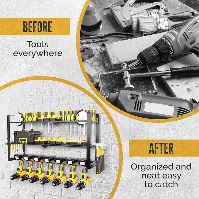 3 Shelf 7 Drill Holder Power Tool Organizer Wall Mount, Tool Storage Rack for Garage, Pegboard, Workshop walls | Compatible f