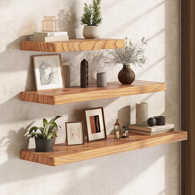 Fun Memories 30 Inch Floating Shelves, Rustic Solid Wood Wall Shelves Set of 2, 8 Inch Deep Floating Shelf for Bathroom, Bedr