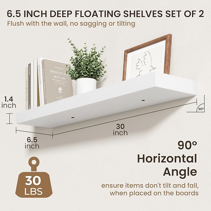 30 Inch Floating Shelves | 6.5 Inch Deep White Floating Shelves Set of 2 | 30" W x 6.5" D Rustic White Wood Wall Shelves with