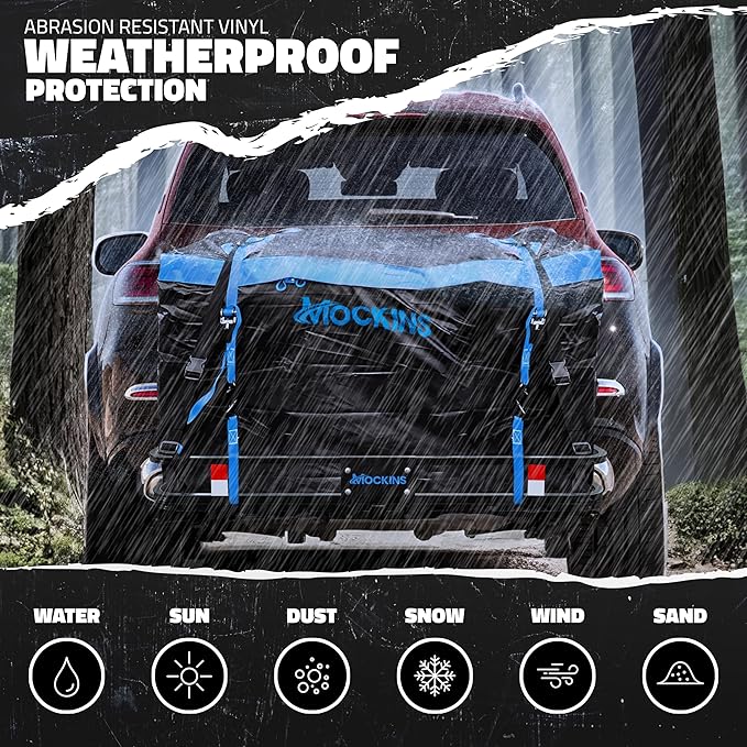 Mockins 2-in-1 Trailer Hitch Cargo Carrier Bench 48"x18"x6" w/ 15 CuFt Waterproof Truck Bed Storage Bag | 500 Lb Capacity Folding Cargo Hitch Carrier Tailgate Seat Bundle w/Stabilizer, Straps, & Lock