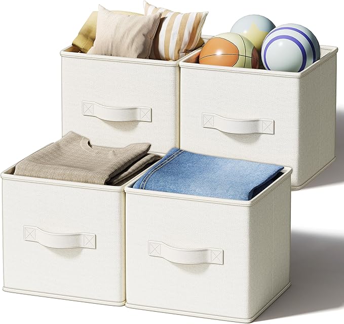 LayerSpace 4 Pack Foldable Fabric Closet Storage Bins, 11Inch Organizer Cubes with Handles, Linen Storage Boxes for Clothes, 