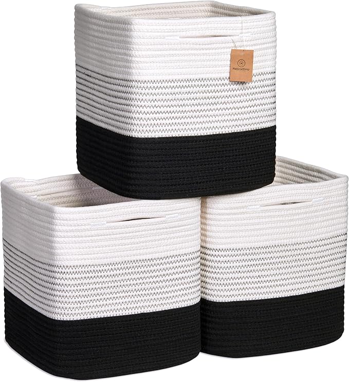 NaturalCozy Storage Cubes 11 Inch Cotton Rope Woven Baskets for Organizing, 3-Pack | Cube Storage Bin | Square Storage Basket