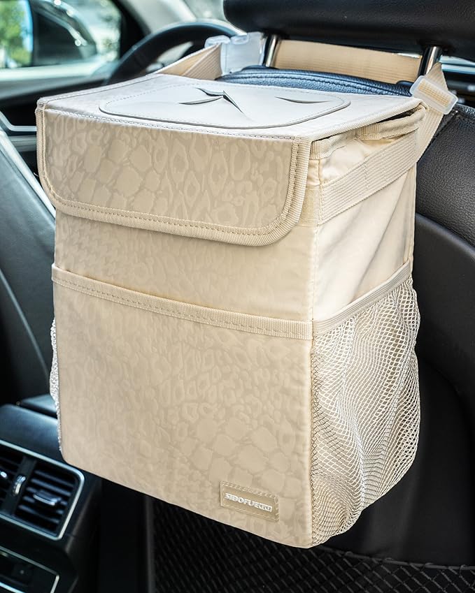 Car Trash Can - Cute Multifunctional Interior Car Accessory for Women, Organizer and Storage with Adjustable Straps, 2 Gallons (Leopard Print Beige)