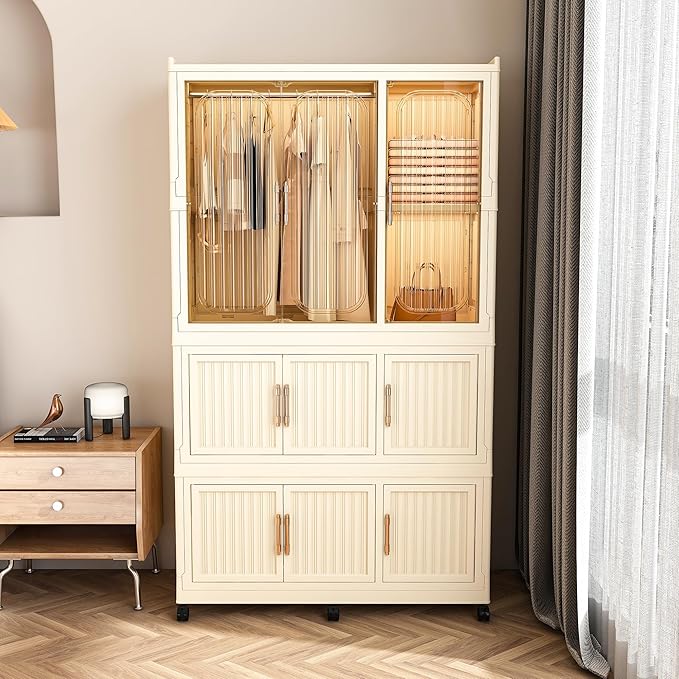 Portable Closet Wardrobe with Magnetic Doors, Foldable Armoire Wardrobe Closet with 1 Hanging Rod, 9 Cubes and 6 Hangers, Clo