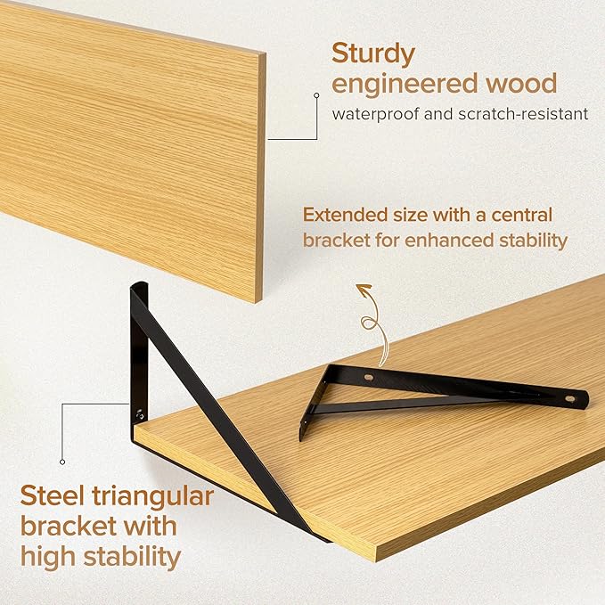 Deep Floating Shelves Wall Mounted, 48"x12" Oak Wall Shelves with Brackets Set of 2 for Bedroom, Living Room, Bathroom, Kitch