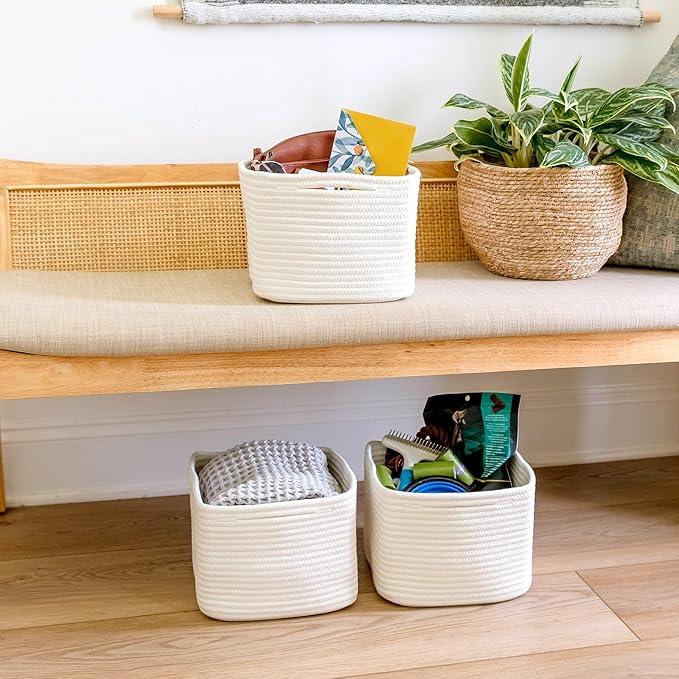 NaturalCozy Storage Cubes 9”x9”x7”Cotton Rope Woven Baskets for Organizing 3-Pack | 9 Inch Cube Storage Bin | Small Basket fo