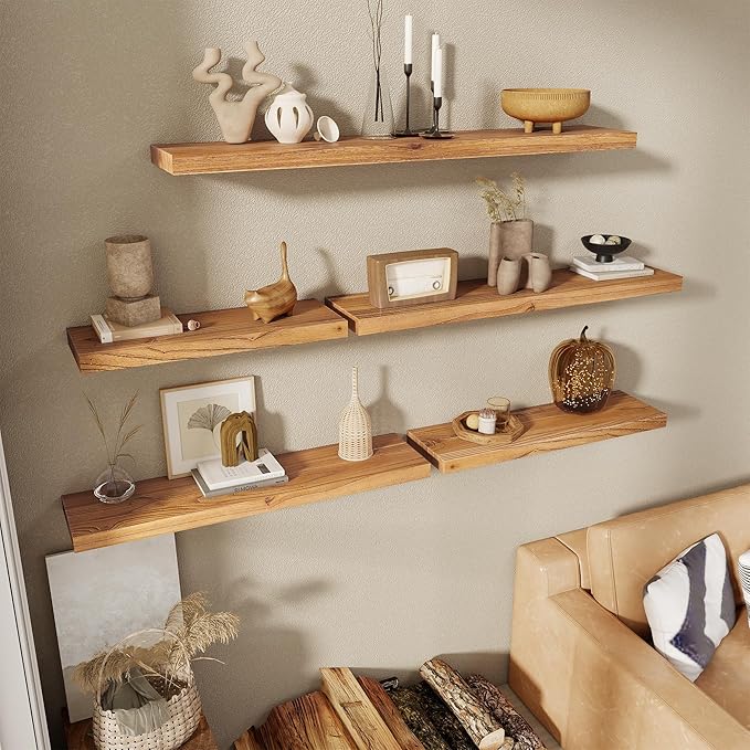 24 Inch Floating Shelves for Wall, 8"D High End Solid Hardwood Shelves for Decor Storage, Rustic Wall Shelves with Invisible 