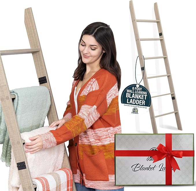 Blanket Ladder for Living Room and Bedroom, 5ft 8 inch, 6-Tier Wall Leaning Laminate No-Snag Construction (Smokey Oak) Rustic