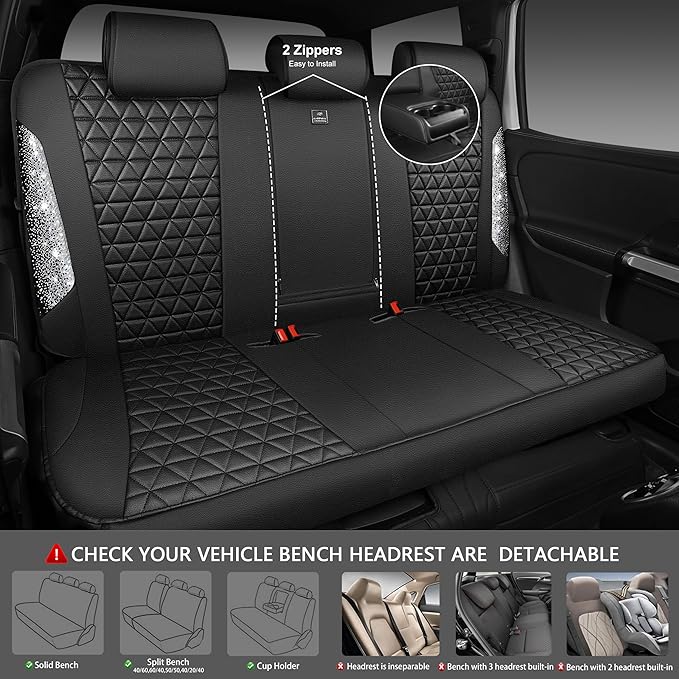CAR PASS Bling Diamond Leather Car Seat Covers Full Seats Interior Sets, Waterproof Shining Glitter Sparkly Crystal Universal