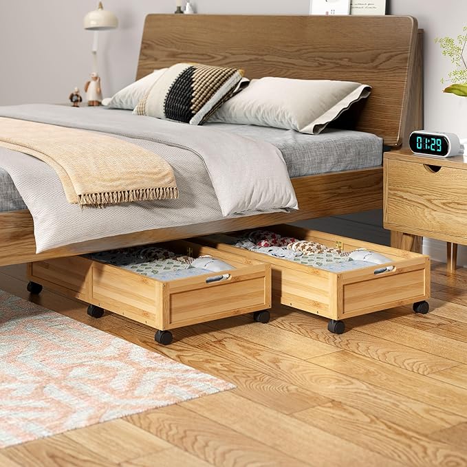 Wood Under Bed Storage Containers Underbed Organizer with Wheels Sturdy Wood Rolling Under Bed Shoe Storage Organizer 2 Packs
