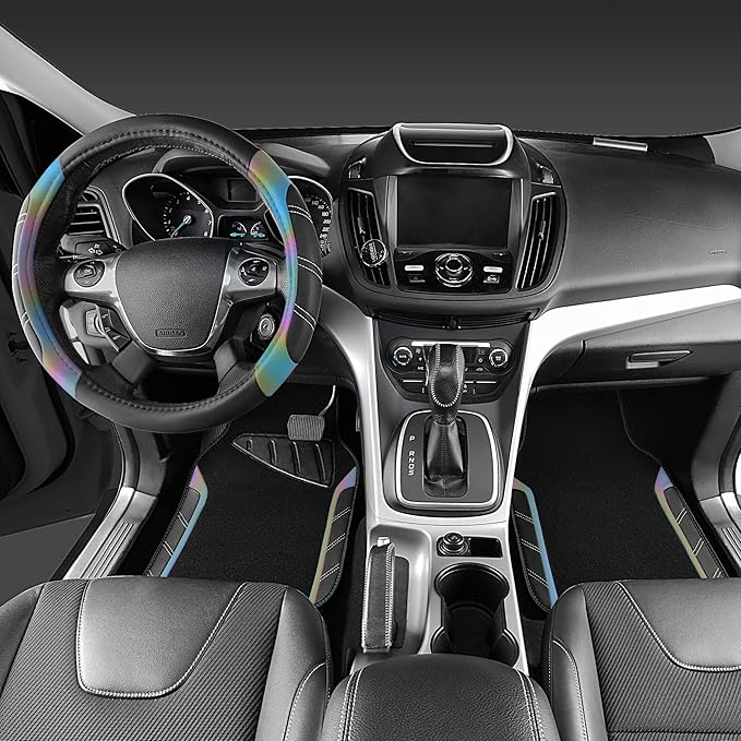 CAR PASS Leather Steering Wheel Cover and Waterproof Car Floor Mats,Microfiber Universal Car Combo Fit for 95% Sedan,SUV,Cars