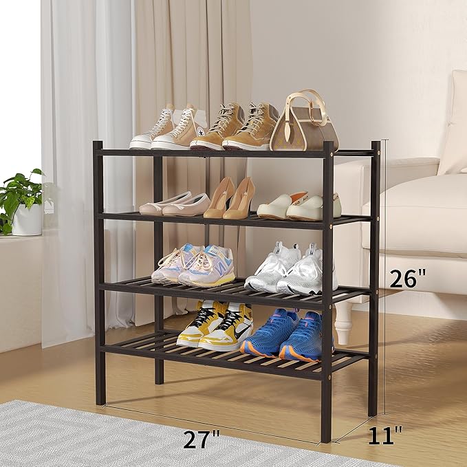 ROMGUAR CRAFT 4 Tier Bamboo Shoe Rack for Closet Free Standing Wood Shoe Shelf for Entryway Small Space Stackable 27"x11"x26"