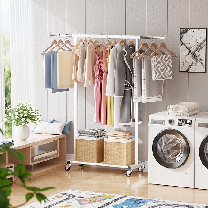 Double Clothing Rack, Clothes Rack for Hanging Clothes, Rolling Garment Rack with Adjustable Rod, White