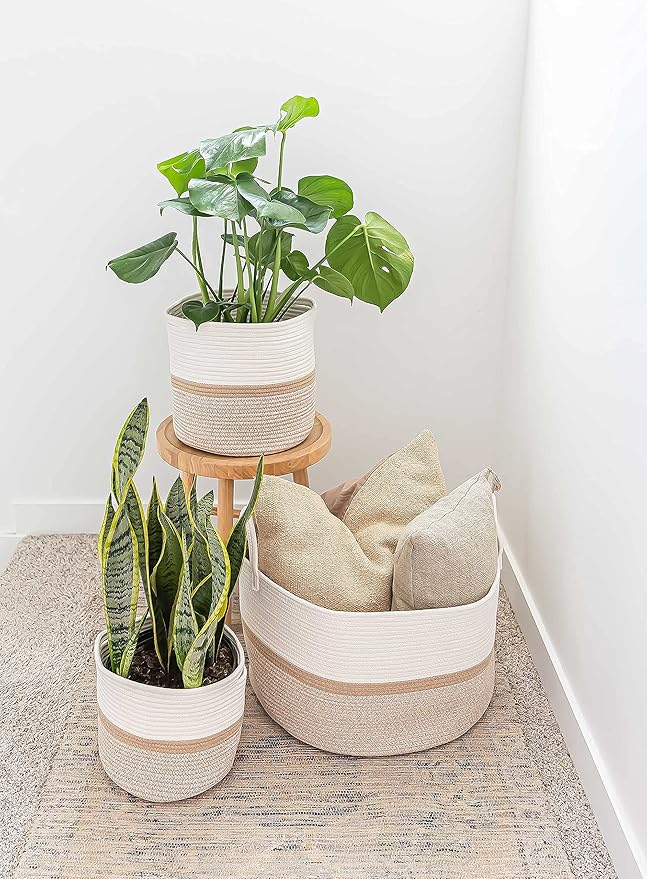 OrganiHaus Large Woven Storage Basket for Blankets and Toys 20" x 13" Inch, Rope Laundry Basket with Handles, Cushions & Pill