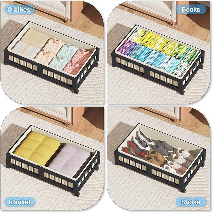 efluky 2-Pack Bamboo Under Bed Storage Containers with Wheels, Under Bed Clothes Storage Basket with Large Dust Bag, Rolling 