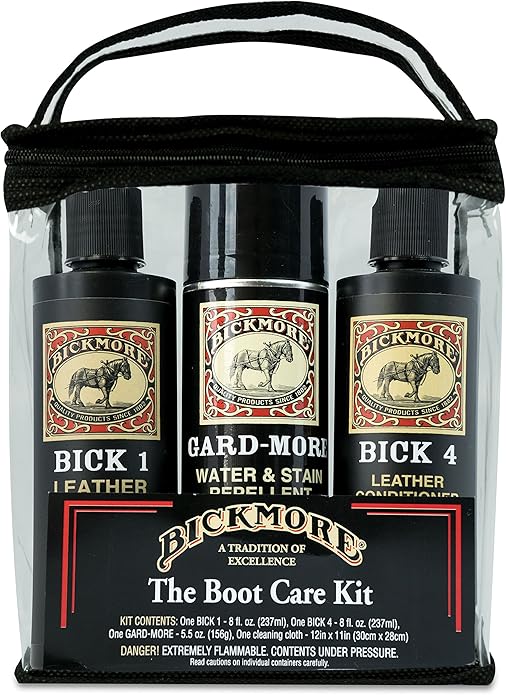 Leather Boot Care Kit - Bick 1 Cleaner, Bick 4 Conditioner, Gard-More Water Repellent Spray & Cloth - Made in USA - Shoe Care