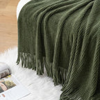 BATTILO HOME Olive Green Throw Blanket for Couch, Soft Chenille Knit Throws with Tassels for Home Decor, Green Blankets and T