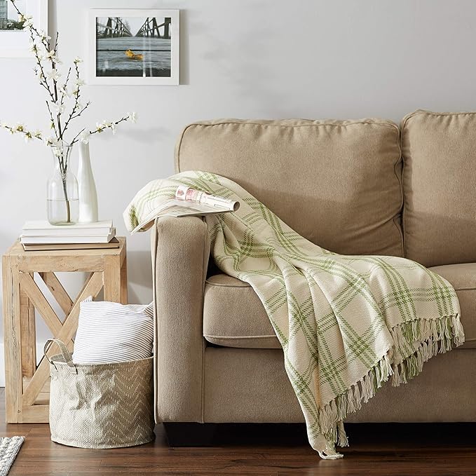 DII Modern Farmhouse Plaid Collection Cotton Fringe Throw Blanket, 50x60, White/Antique Green
